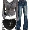 New Style Trends - Y2k Outfit: Ruched Ribbed Button-Up Cardigan+Retro Wash Flare Jeans+Punk Heart Blade Zipper Chain Bag+ - Outfit Ideas
