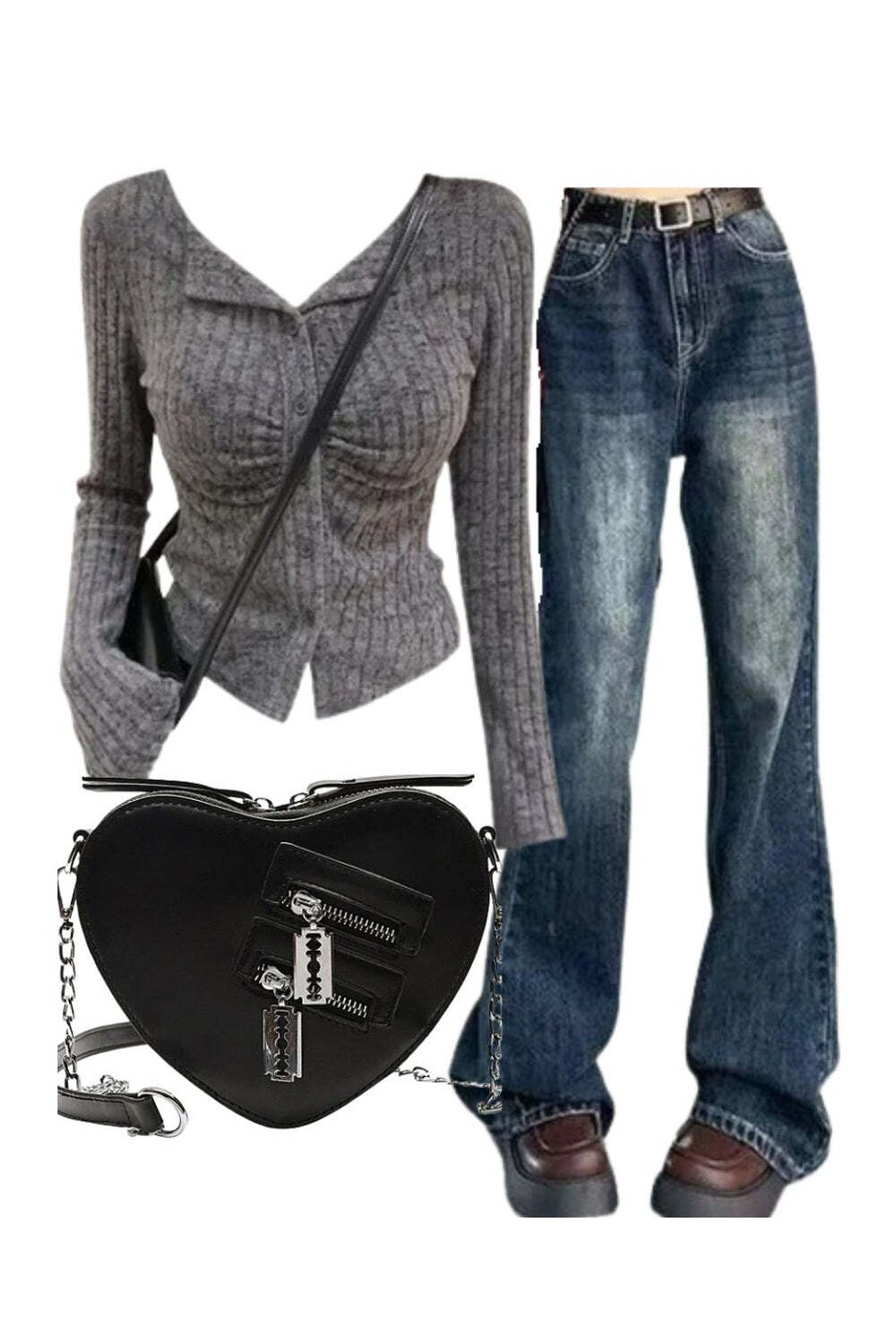 New Style Trends - Y2k Outfit: Ruched Ribbed Button-Up Cardigan+Retro Wash Flare Jeans+Punk Heart Blade Zipper Chain Bag+ - Outfit Ideas