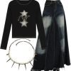 New Style Trends - Y2k Outfit: Stellar Sparkle Top+Faded Black Maxi Denim Skirt+Pearl Spike Necklace - Outfit Ideas