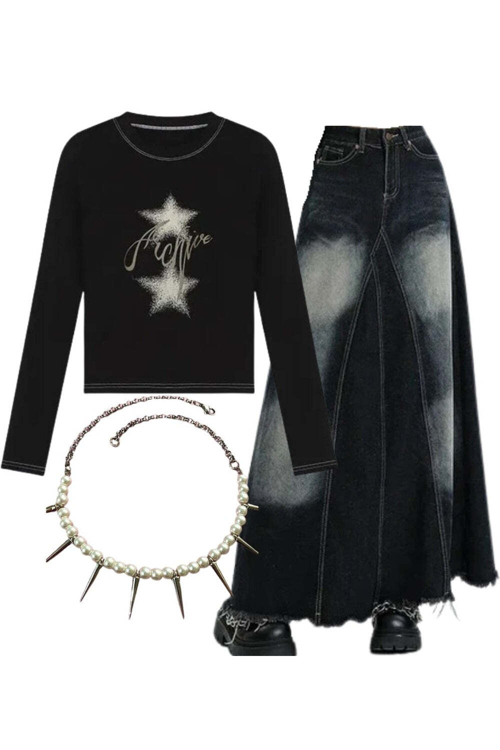 New Style Trends - Y2k Outfit: Stellar Sparkle Top+Faded Black Maxi Denim Skirt+Pearl Spike Necklace - Outfit Ideas