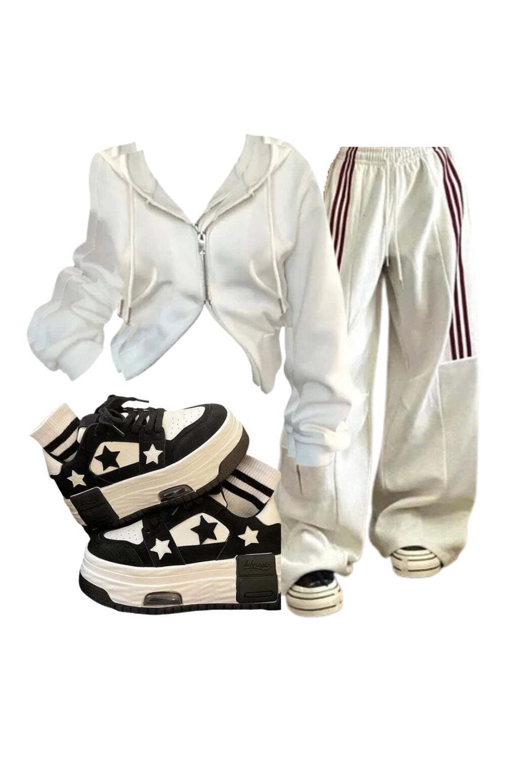 New Style Trends - Y2k Outfit: Striped Cargo Spring Pants+Korean Y2K White Zip Hoodie+Acubi Star Skateboard Y2k Shoes - Outfit Ideas