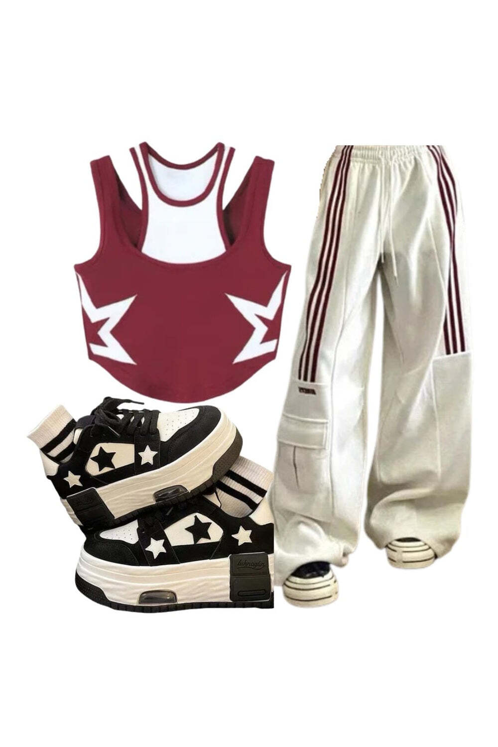 New Style Trends - Y2k Outfit: Striped Cargo Spring Pants+Starstruck Racerback Crop Top+Acubi Star Skateboard Y2k Shoes - Outfit Ideas