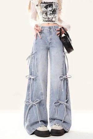 New Style Trends - Y2k Pastel Stitch Bow-Tie Jeans - Outfit Ideas