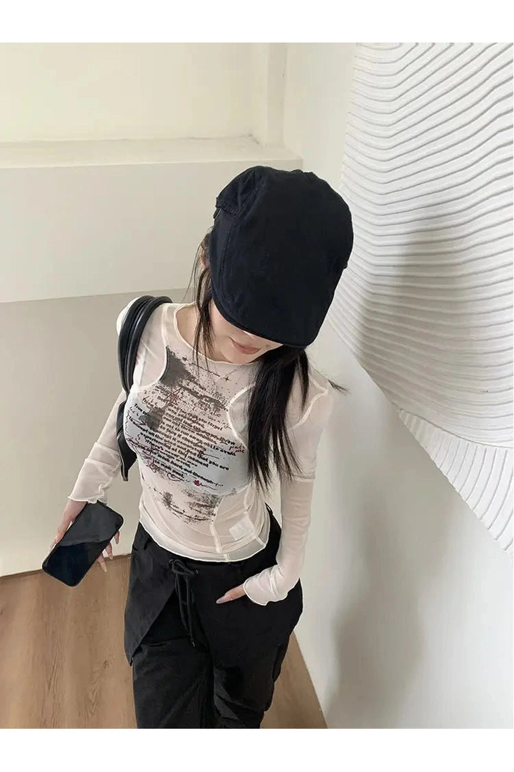 New Style Trends - Y2k Sheer Black Text Graphic Mesh Long Sleeve Top - Outfit Ideas