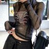 New Style Trends - Y2k Sheer Black Text Graphic Mesh Long Sleeve Top - Outfit Ideas