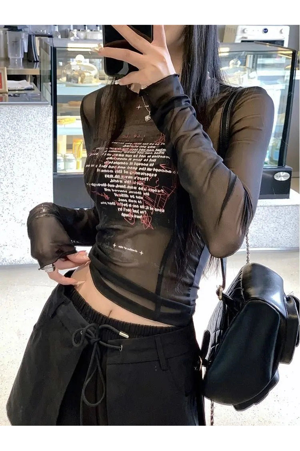 New Style Trends - Y2k Sheer Black Text Graphic Mesh Long Sleeve Top - Outfit Ideas