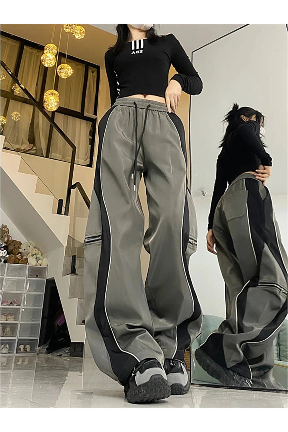 New Style Trends - Y2k Techwear Contrast Wide-Leg Pants - Outfit Ideas