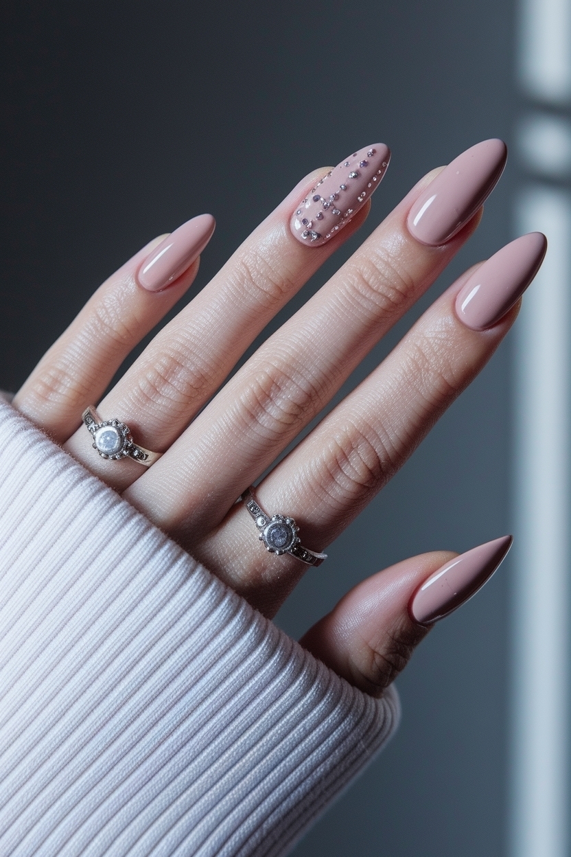 Stylish Nude Almond Nails with Design for a Modern Look outfit idea