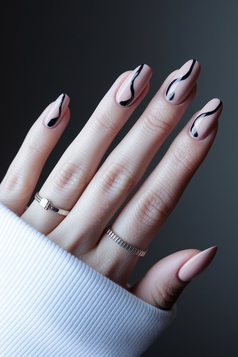Nude Nails with Black Design: Edgy Yet Elegant outfit idea