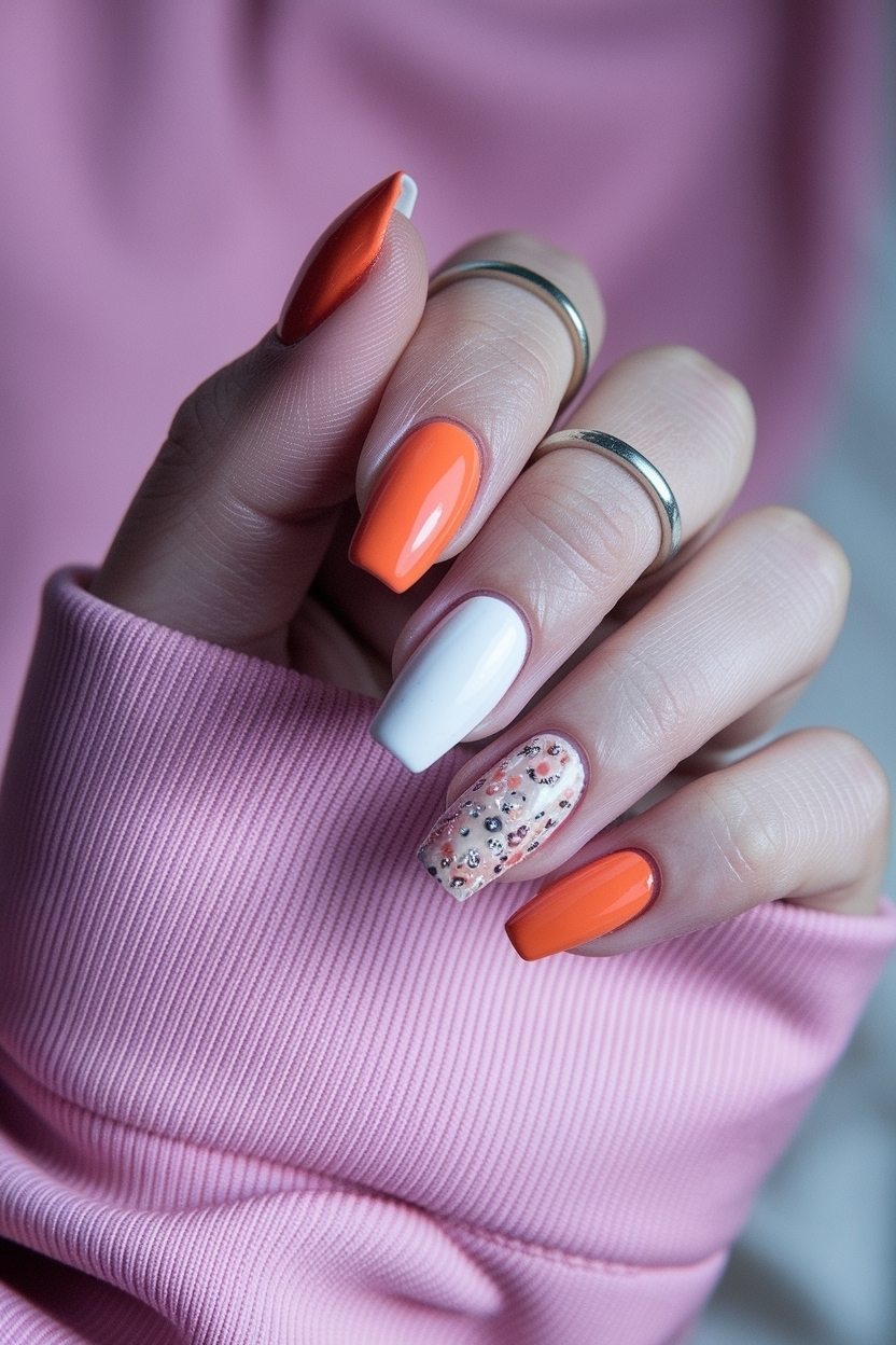 Vibrant Orange and White Nail Designs for Summer Vibes outfit idea
