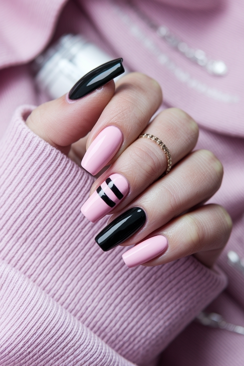 Pink and Black Nails Acrylic: Perfect Contrast for Fall outfit idea