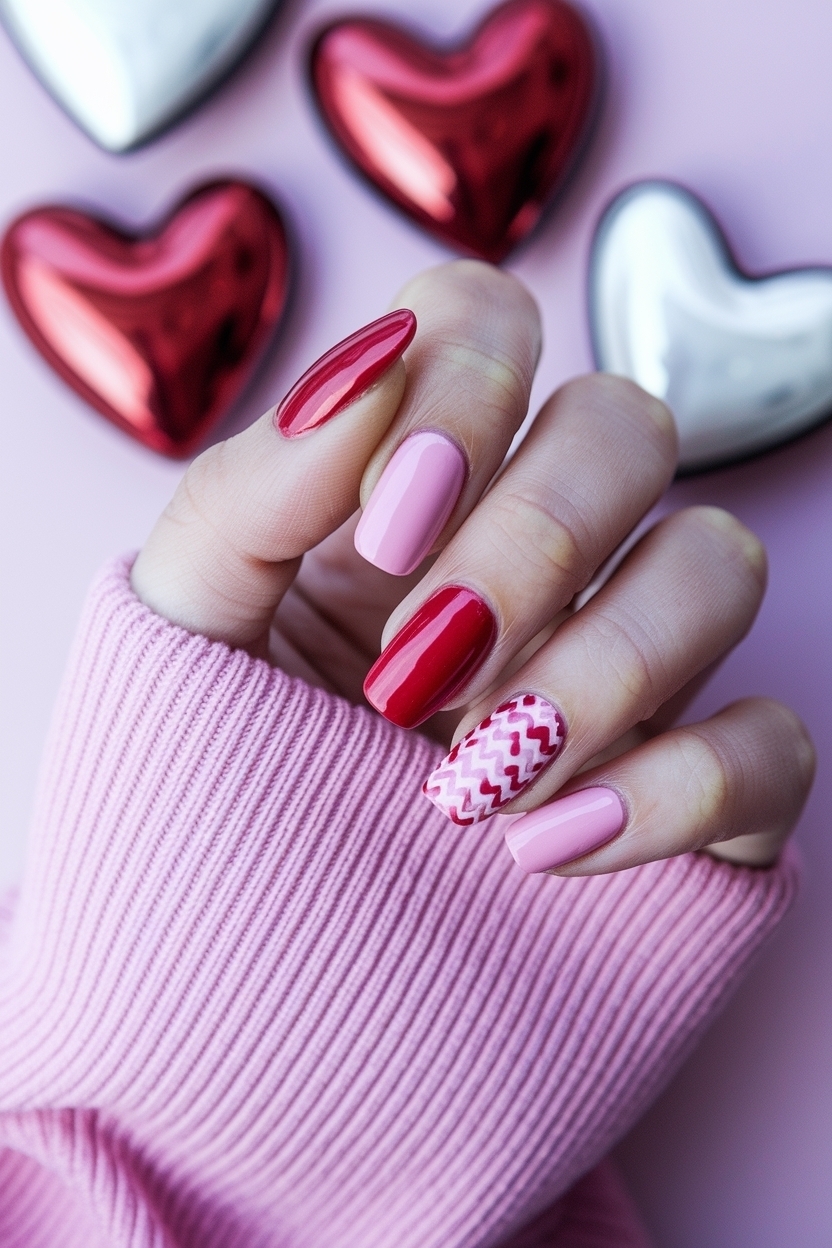 Romantic Pink and Red Valentine Nails for Sweethearts outfit idea