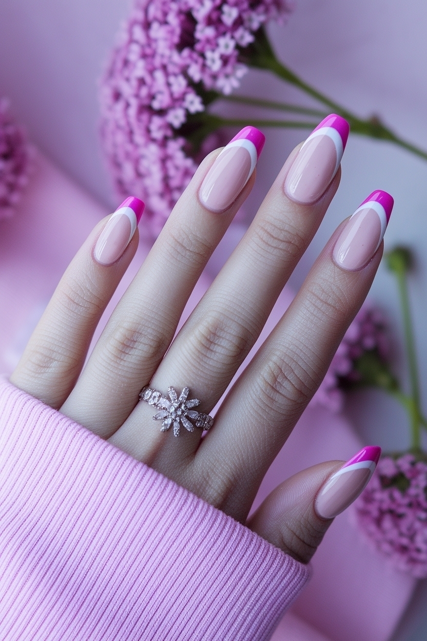 Adding Flair: Pink French Tip Nails with Flower Accents outfit idea