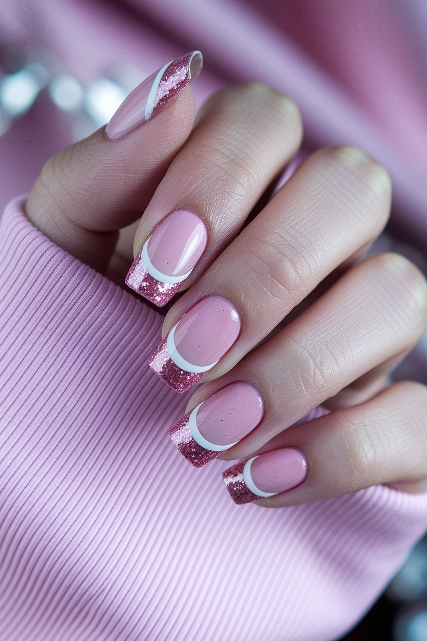Playful Pink Glitter French Tip Nails for Fun Looks outfit idea