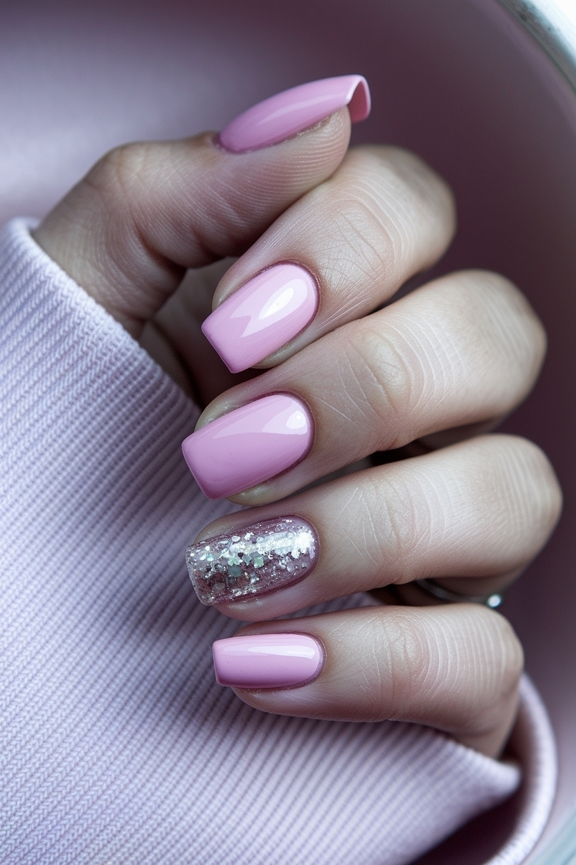 Pink Nails with Glitter Accent to Elevate Your Style outfit idea