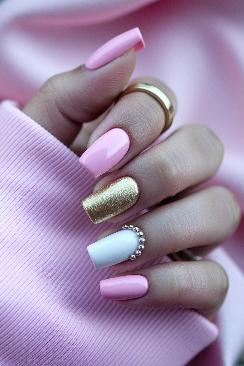 Pink White and Gold Nails: Feminine and Glamorous Designs outfit idea