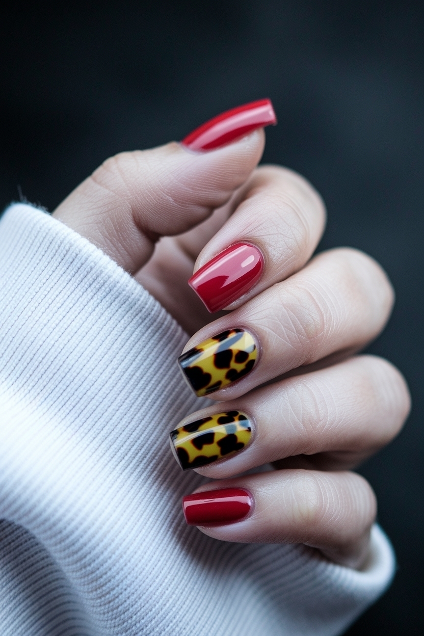 Red and Tortoise Shell Nails for a Unique Blend outfit idea