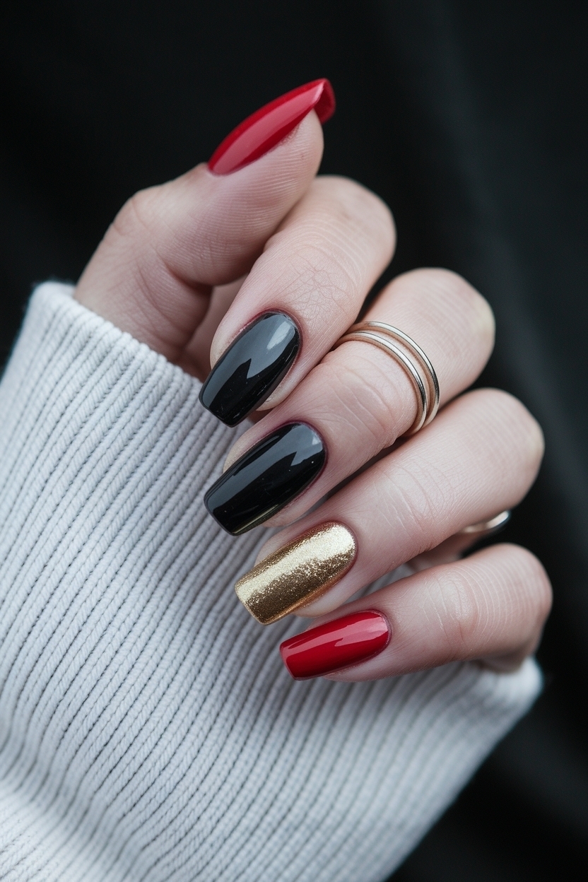 Glamorous Red Black and Gold Nails for Special Events outfit idea