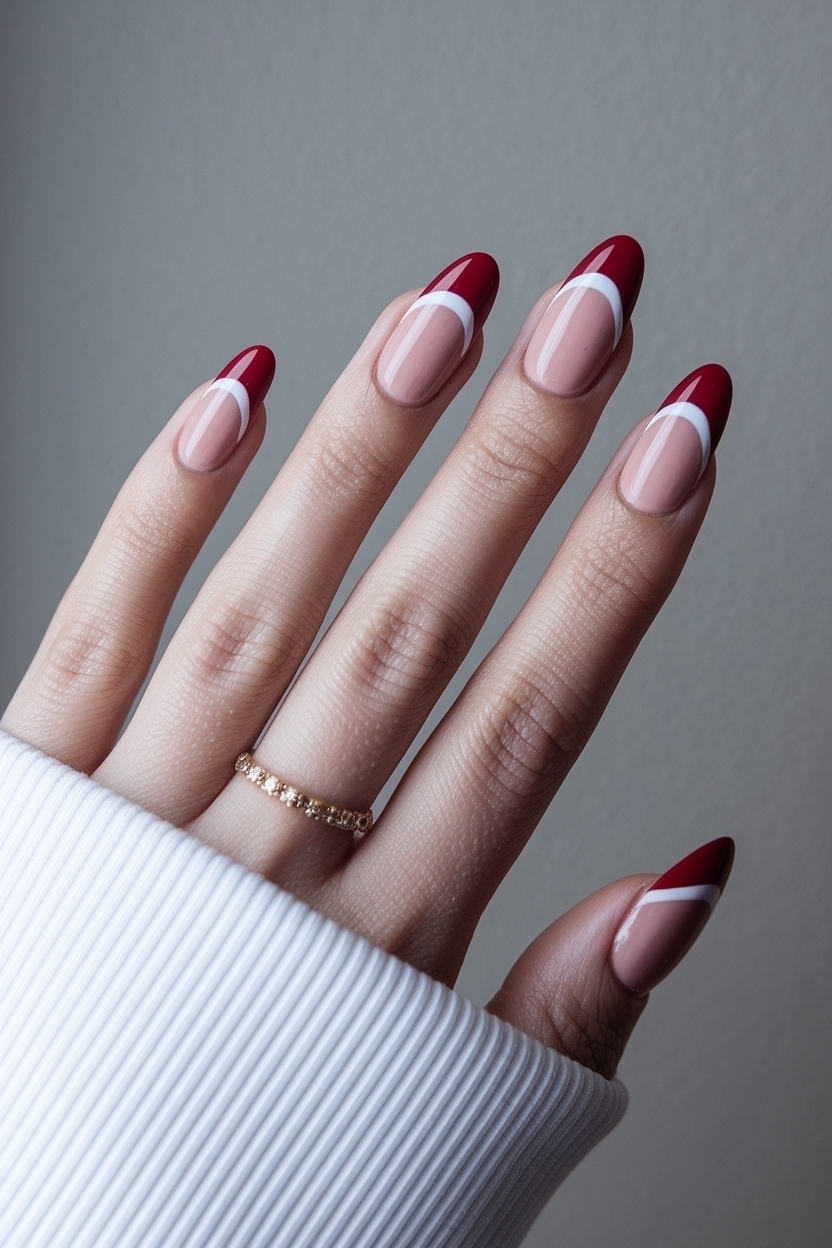 Elegant Red French Tip Nails Almond for a Polished Finish outfit idea
