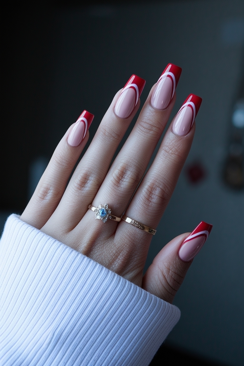Red French Tip Nails Coffin Style: Edgy and Chic outfit idea
