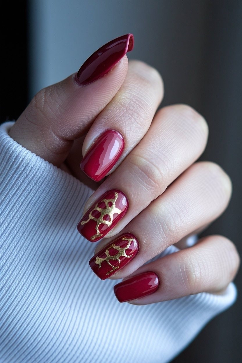 Glamorous Red Nails with Gold Design for Special Events outfit idea