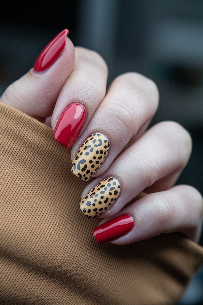 Red Nails with Leopard Print: A Trendy Nail Art Choice outfit idea