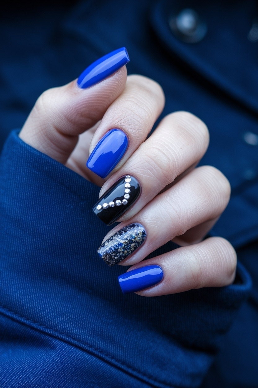 Chic Royal Blue and Black Nails for a Unique Contrast outfit idea