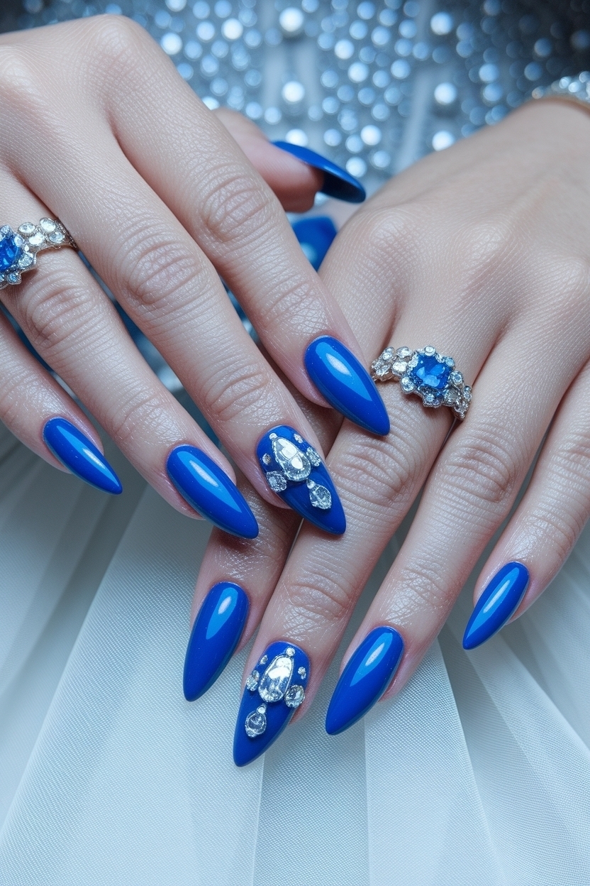 Elegant Royal Blue Nails for Prom Night outfit idea