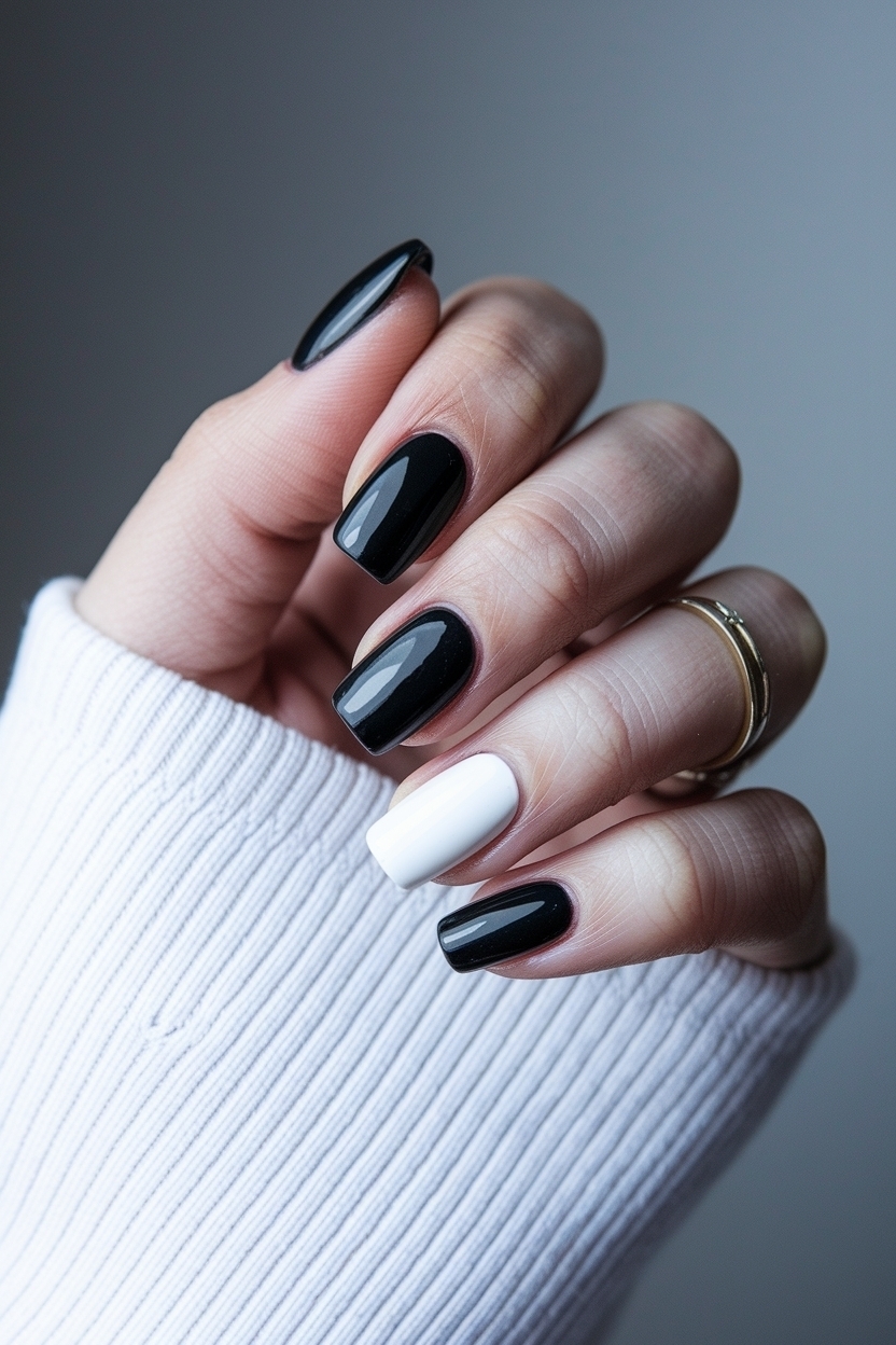 Elegant Short Black and White Nails for a Minimalist Style outfit idea