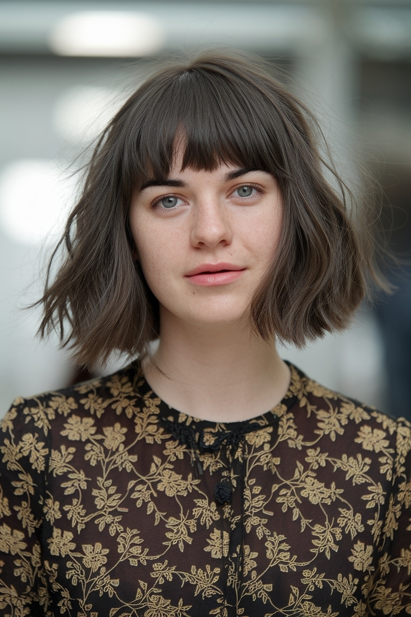 Chic Short Hair with Curtain Bangs for Round Faces outfit idea