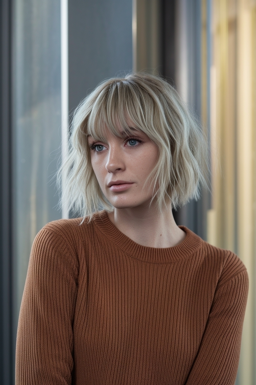 Short Hair with Layers and Curtain Bangs for a Playful Edge outfit idea