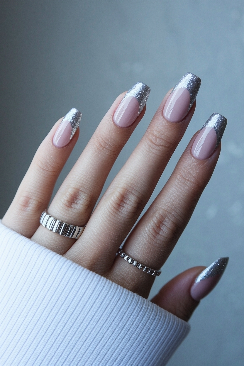 Silver Glitter French Tip Nails: Shine Bright with Style outfit idea