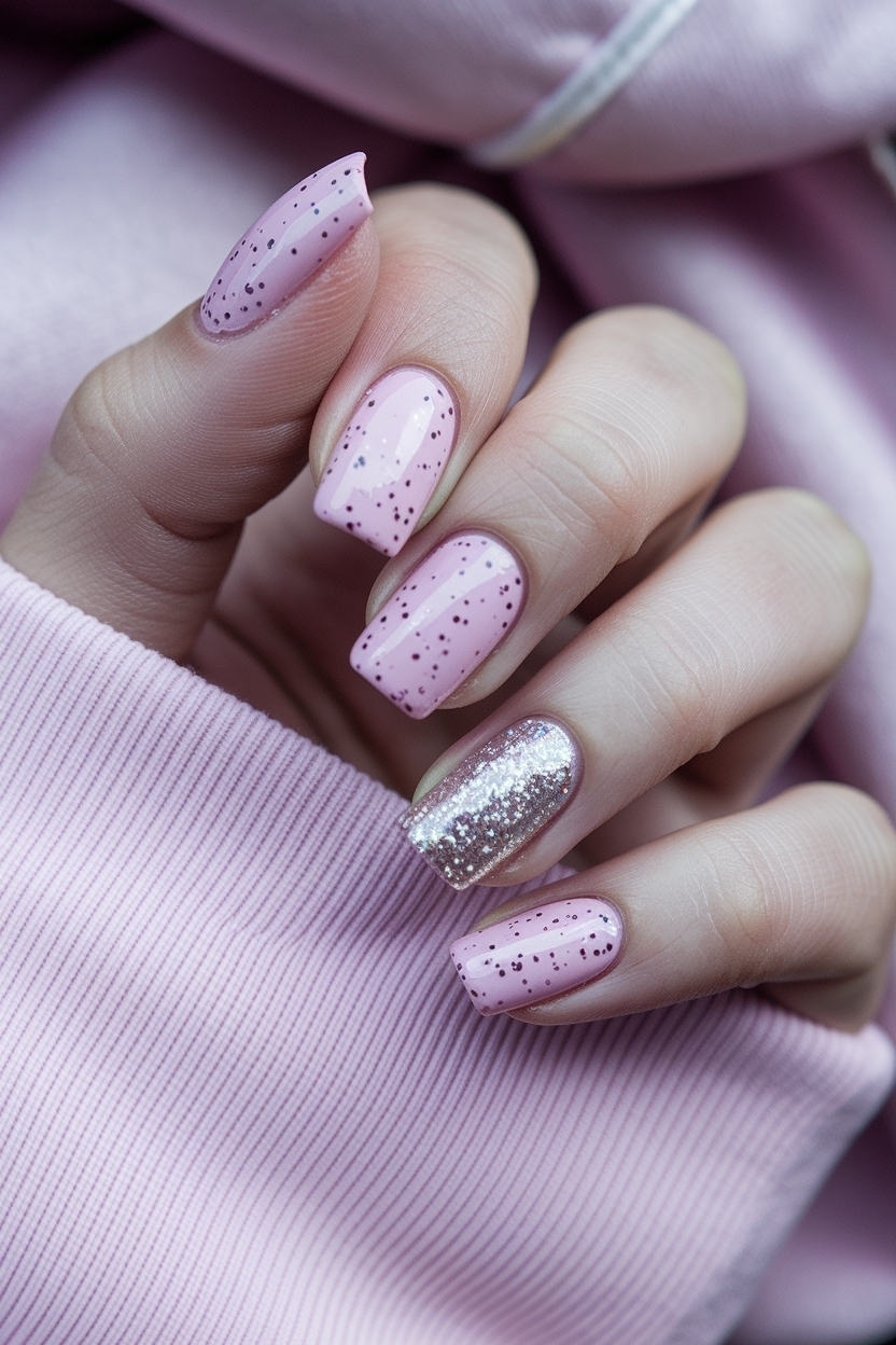 Soft Pink Nails with Glitter for a Chic Finish outfit idea