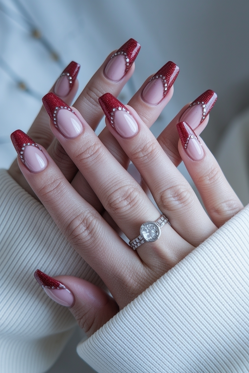 Sparkly Red French Tip Nails for Festive Occasions outfit idea