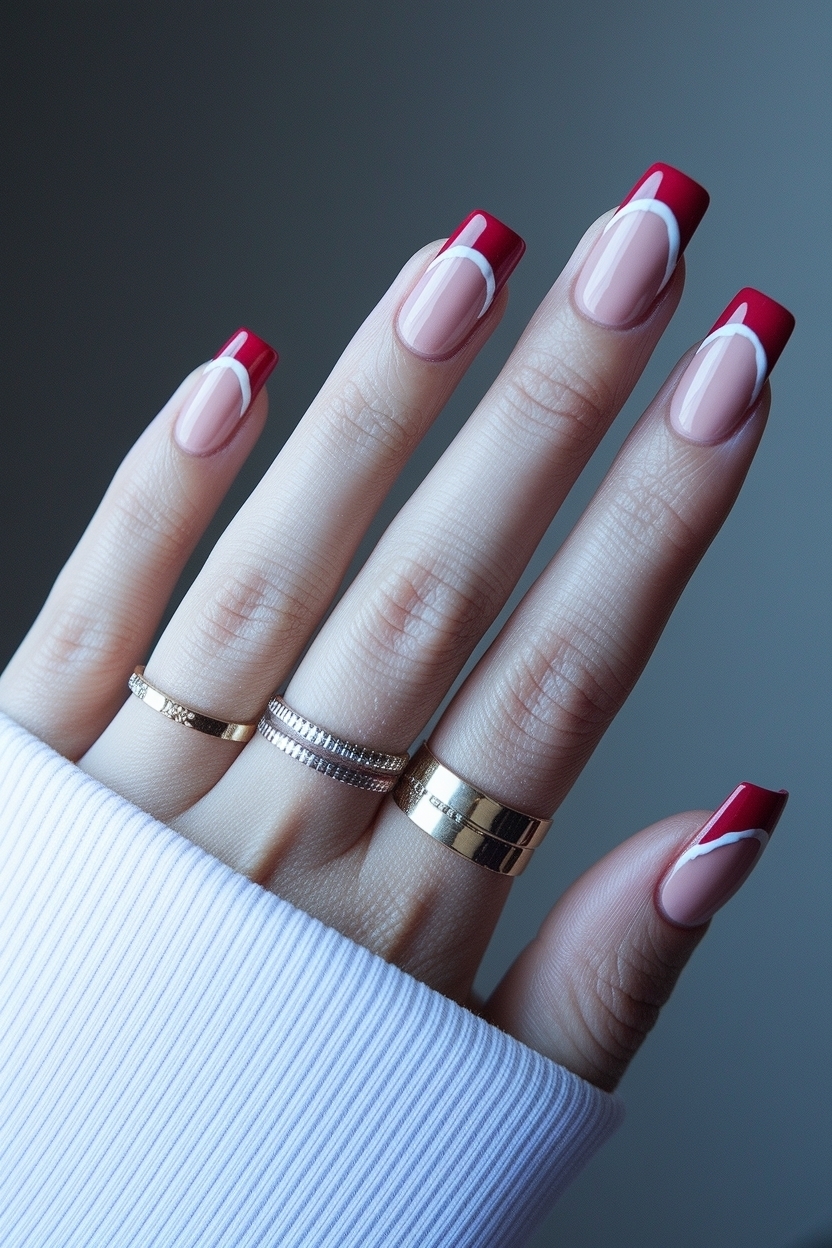 Square Red French Tip Nails: Trendy and Timeless Design outfit idea