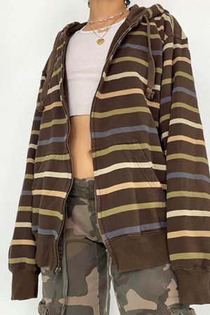 Style Core Aesthetics, New Style Trends - 90s Striped Zip Up Hoodie