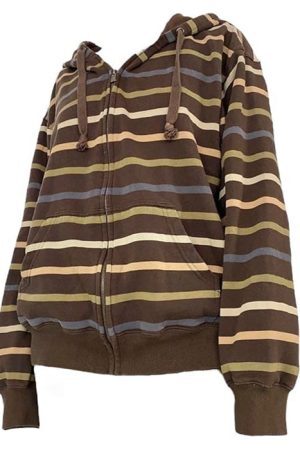 Style Core Aesthetics, New Style Trends - 90s Striped Zip Up Hoodie