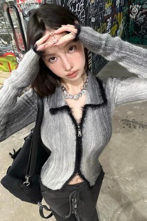 Style Core Aesthetics, New Style Trends - Acubi Fluffy Double Zip-Up Cardigan