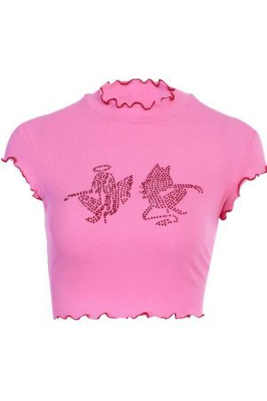 Style Core Aesthetics, New Style Trends - Angel & Devil Rhinestone Crop Top
