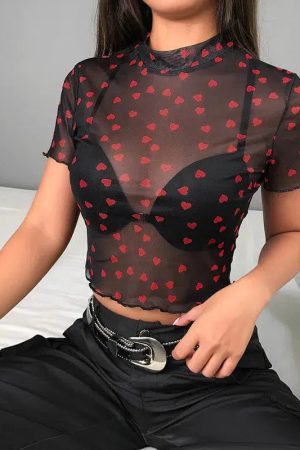 Style Core Aesthetics, New Style Trends - Baddie Heart Mesh Crop Top