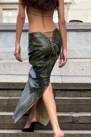 Style Core Aesthetics, New Style Trends - Baddie Leaf Lace Up Split Maxi Skirt