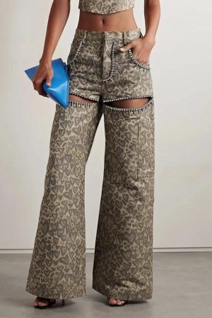 Style Core Aesthetics, New Style Trends - Baddie Leopard Embellished Cut Out Pants