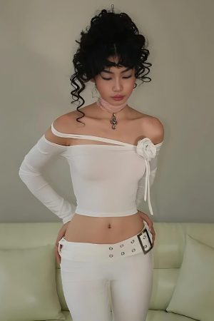 Style Core Aesthetics, New Style Trends - Baddie Rose Asymmetric Off Shoulder Top