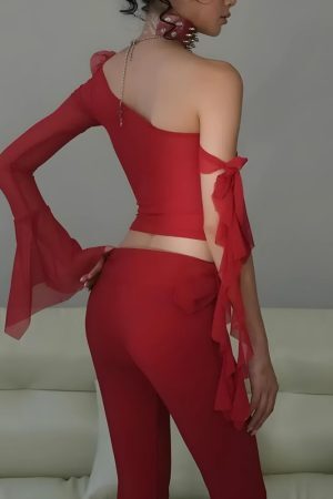 Style Core Aesthetics, New Style Trends - Baddie Rose One Shoulder Mesh Top