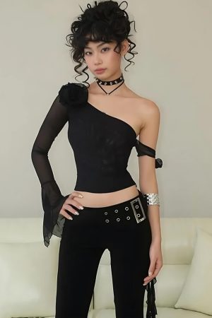 Style Core Aesthetics, New Style Trends - Baddie Rose One Shoulder Mesh Top