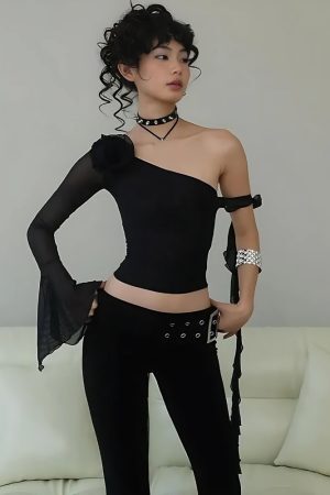 Style Core Aesthetics, New Style Trends - Baddie Rose One Shoulder Mesh Top