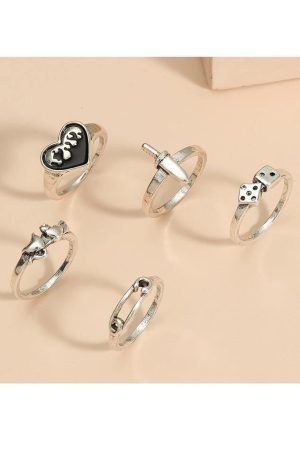 Style Core Aesthetics, New Style Trends - Bague coeur 5 pièces Y2k
