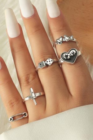 Style Core Aesthetics, New Style Trends - Bague coeur 5 pièces Y2k