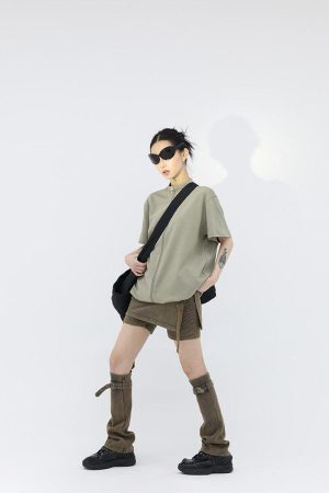 Style Core Aesthetics, New Style Trends - Belt Detail Denim Mini Skort With Leg Warmer