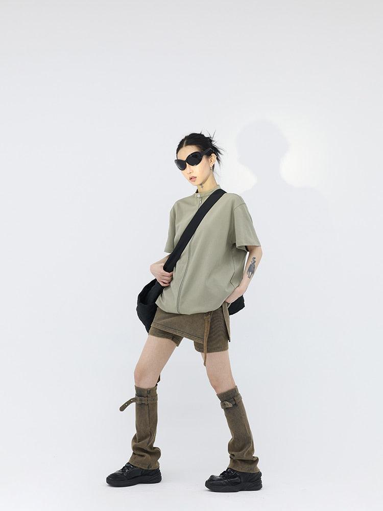 Style Core Aesthetics, New Style Trends - Belt Detail Denim Mini Skort With Leg Warmer Style Core Aesthetics, New Style Trends - Belt Detail Denim Mini Skort With Leg Warmer